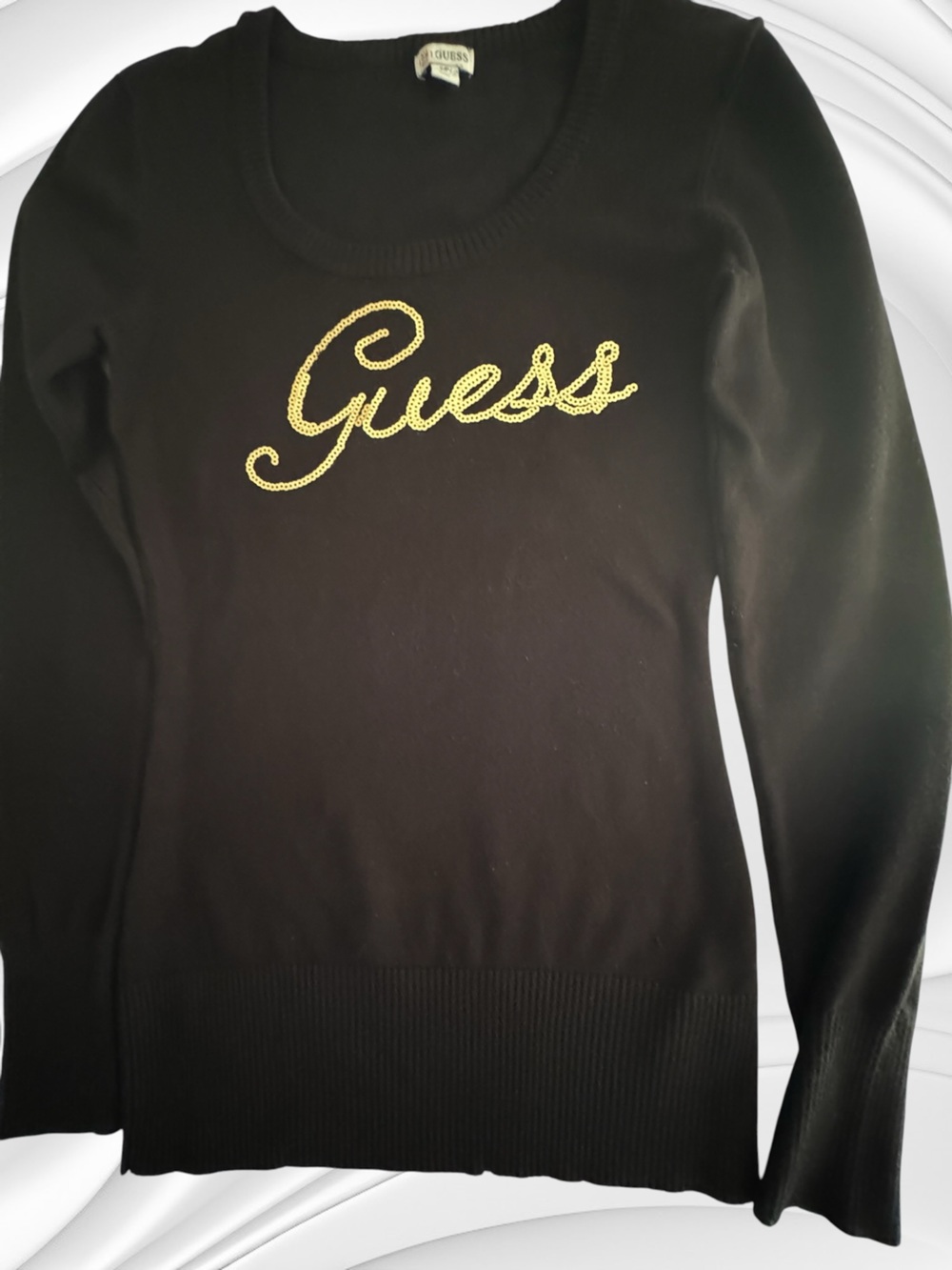 Guess Black Light Weight Long Sleeve Sweater with Gold Sequined Logo SZ SP